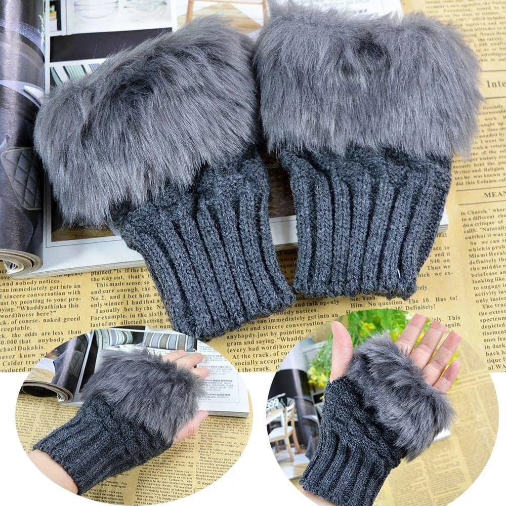 Winter Fluffy Half Finger Gloves for girls