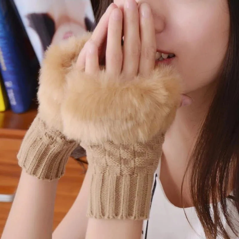 Winter Fluffy Half Finger Gloves for girls